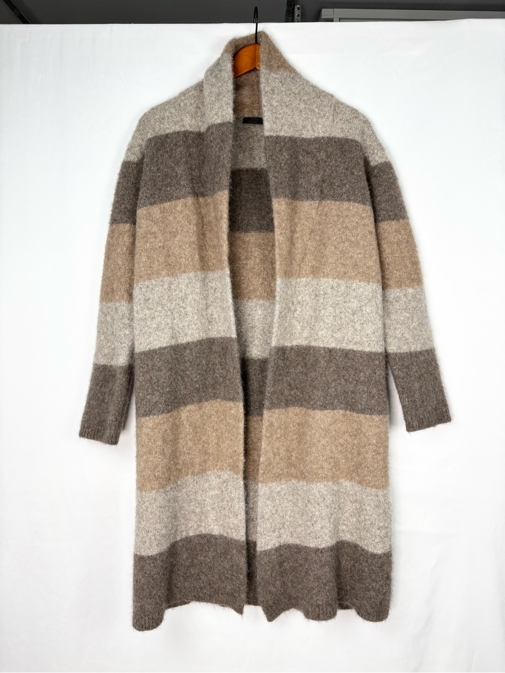 Jenni Kayne Sweater Open Front Long Cardigan Brown Tan Size L Yak Alpaca Wool